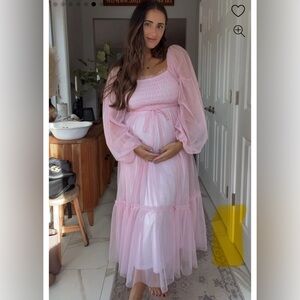 Pink Mesh Tiered Long Sleeve Maternity Maxi Dress Size Medium | Pink Blush
